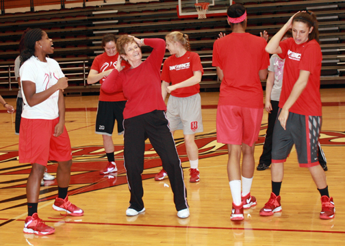 Besides basketball, the Red Flash womens players are also teaching the Golden Girls some dance moves, including the dougie.  In return, the Golden Girls have taught the SFU players how to polka.  Left to right: Aisha Brock, Bridget Murphy, Phyllis Lilly, Taylor Allison, Shaqeia Stokes and Alexa Hayward.
