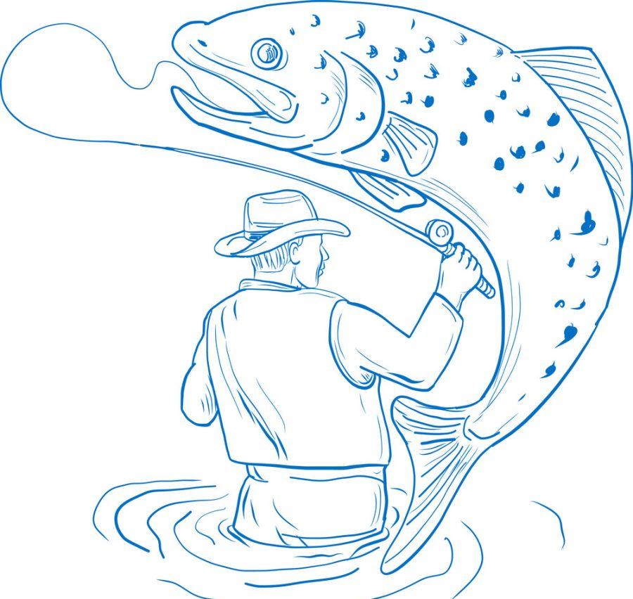 Drawing+sketch+style+illustration+of+Fly+Fisherman+viewed+from+rear+fishing+Reeling+a+spotted+brown+Trout+jumping+on+isolated+background+done+in+blue+and+white.