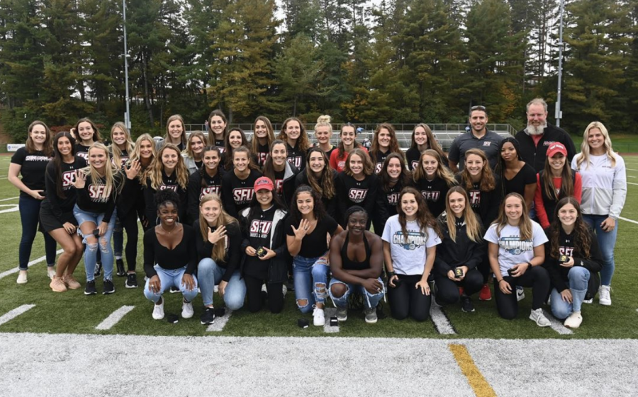 NEC+Champion+Women%E2%80%99s+Track+and+Field+Team+Recognized+at+Homecoming+Game